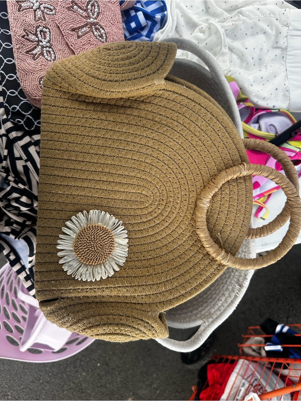 SHEIN Tan Straw Tote with Daisy Accent